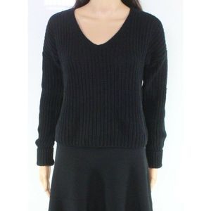 Bar III Women V Neck Cuffed Sleeve Knit Pullover Sweater Black Size L NWT